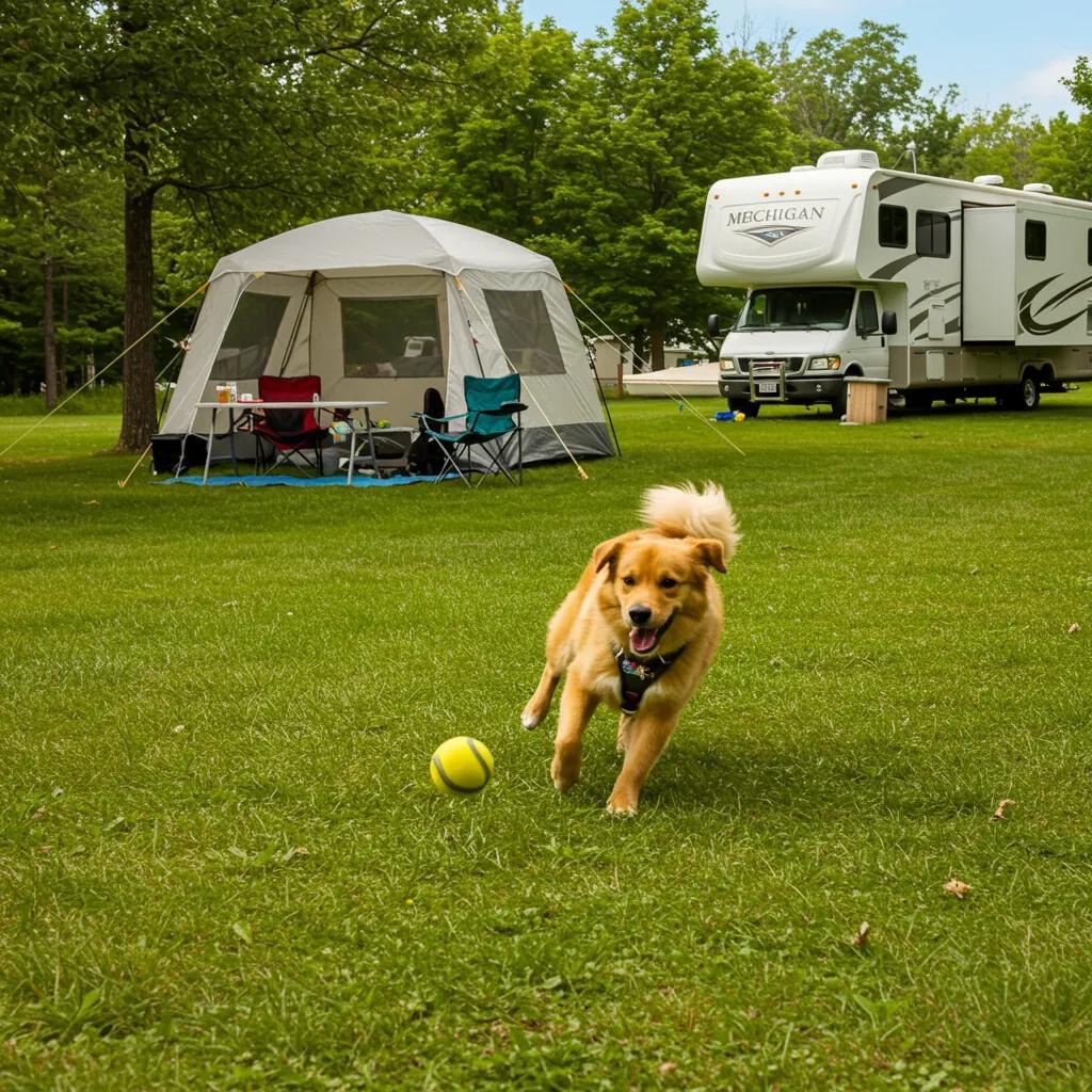 Happy dog playing at a pet-friendly campground in Michigan with a tent and RV in the background