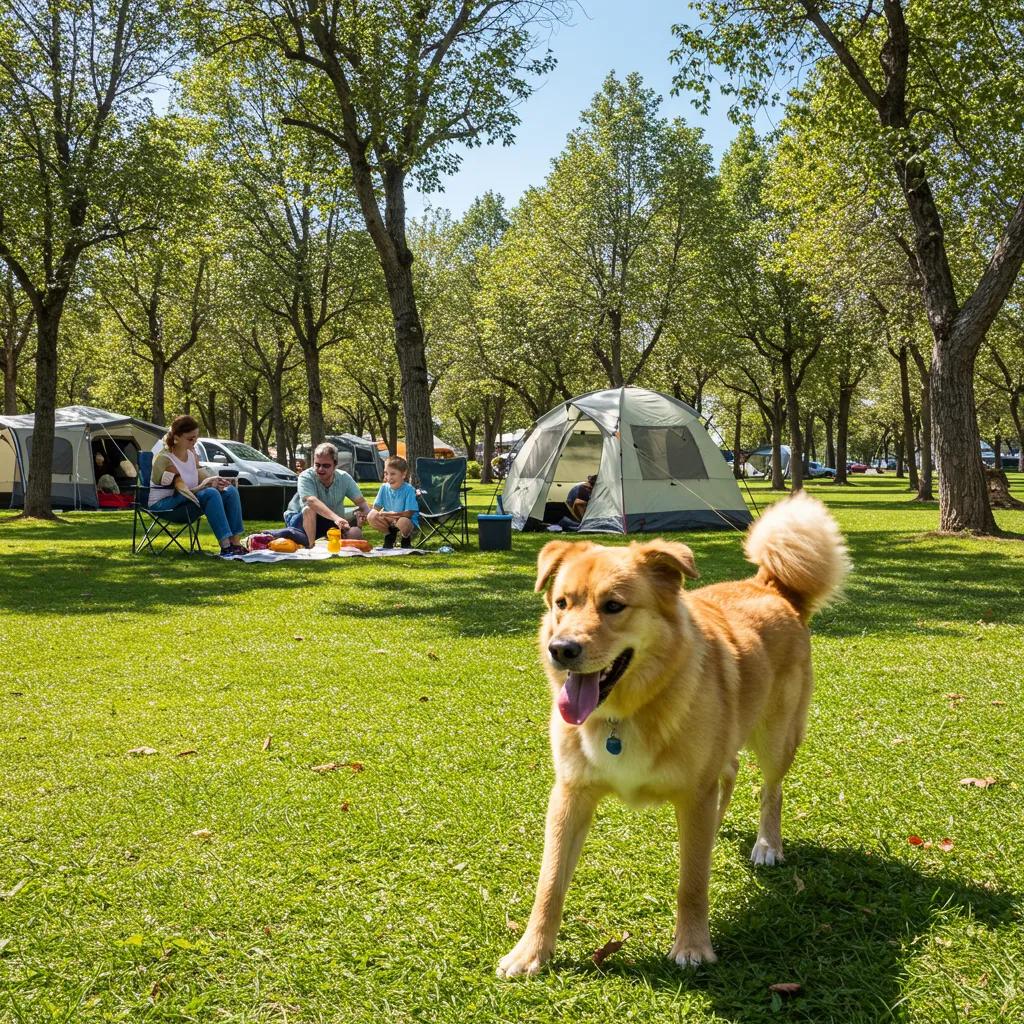 Happy dog playing in a dog-friendly campground with family enjoying a picnic