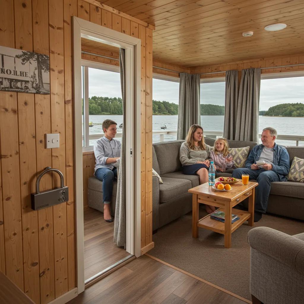 Interior of a cozy cabin showcasing family comfort and privacy features, emphasizing security
