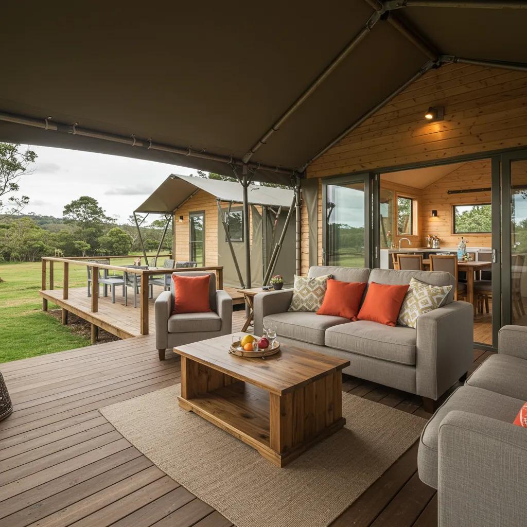 Luxury glamping cabin with upscale amenities in a natural setting, enhancing camping experiences