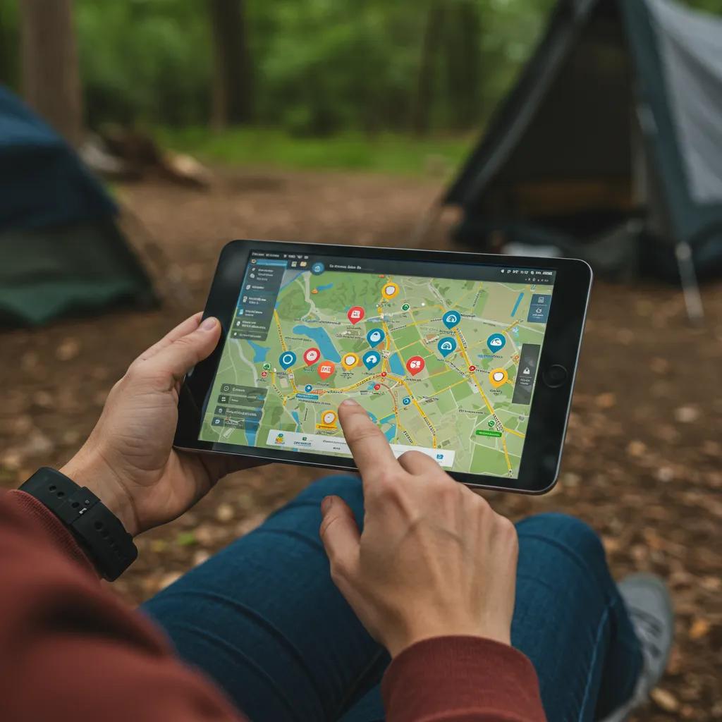 Person using an interactive map on a tablet to find campgrounds in Ohio