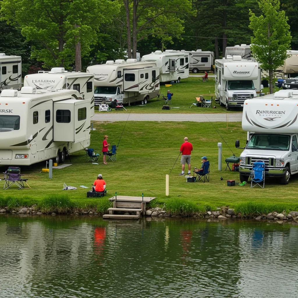 RV park with families fishing by the water, illustrating ideal camping and fishing experiences