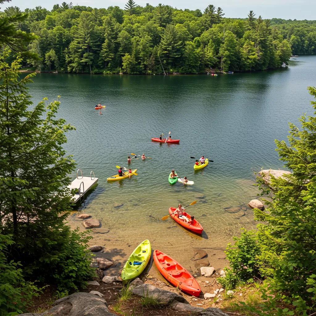 Scenic Michigan lake with families kayaking and swimming, illustrating waterfront camping options