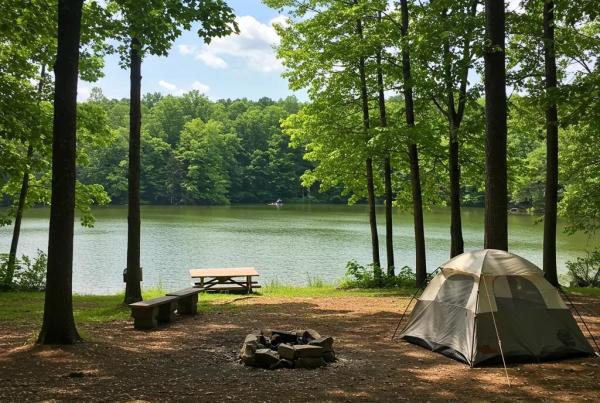 Scenic view of an Ohio campground with a tent by a lake surrounded by trees