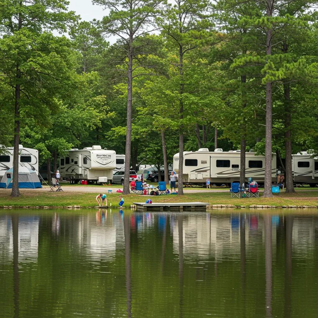 Scenic view of Ridge Ranch Campground with families enjoying lakefront activities