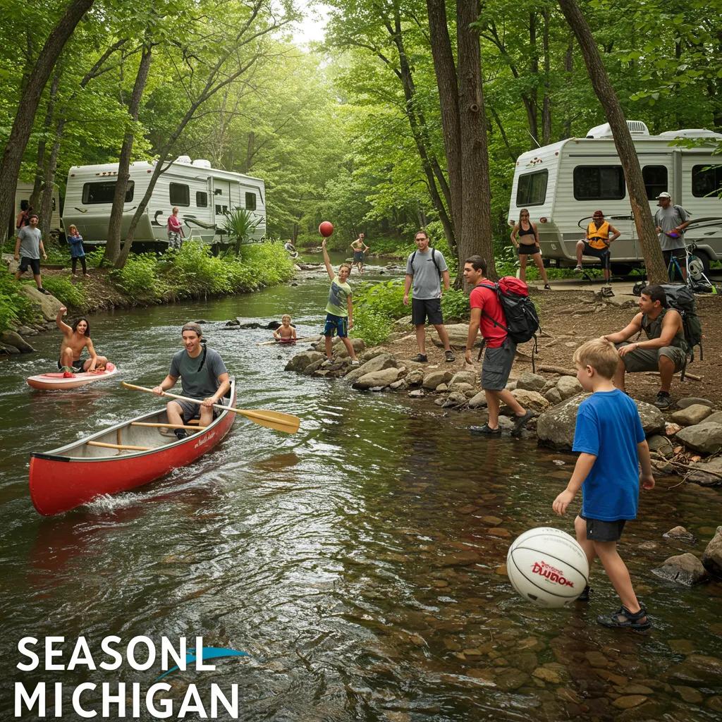 Seasonal campers enjoying outdoor activities in Michigan including canoeing, hiking, and sports