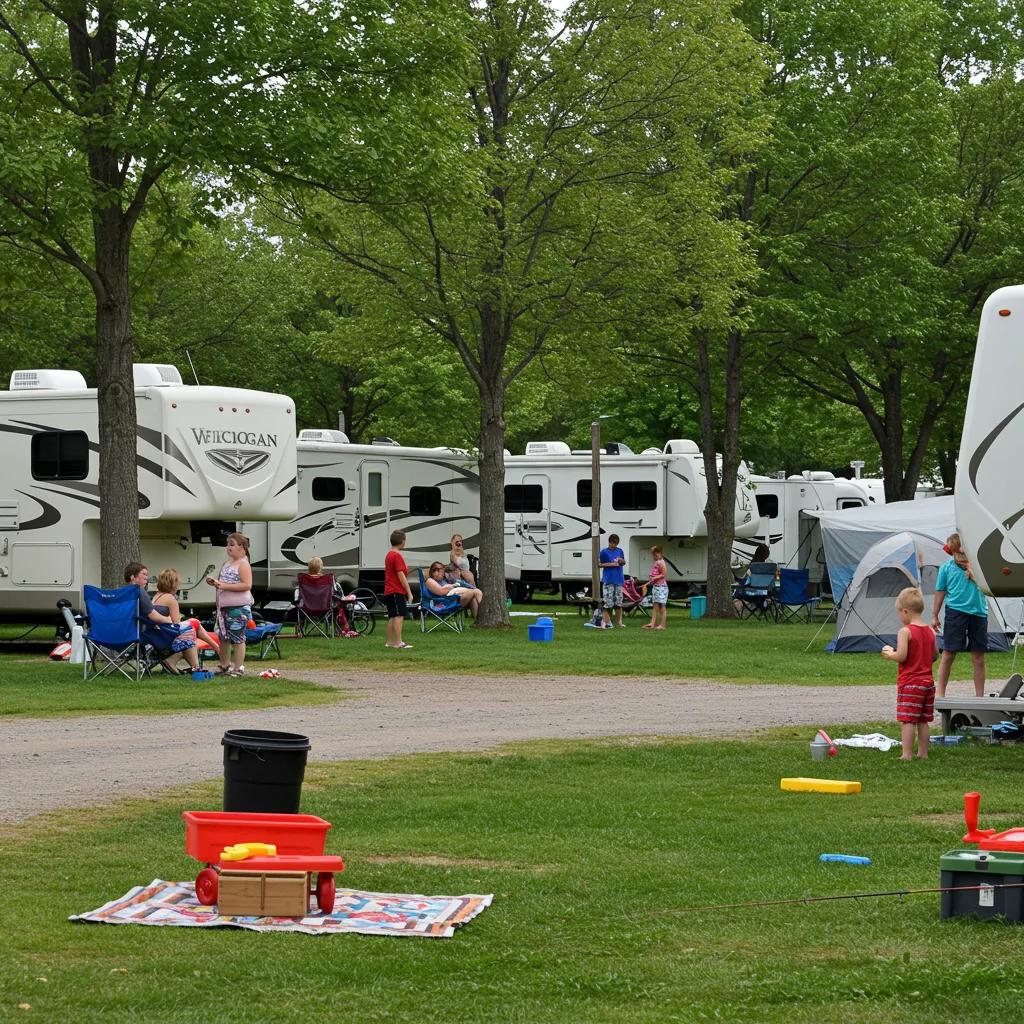 Seasonal campground in Michigan with families enjoying outdoor activities, RVs, and tents in a lush setting