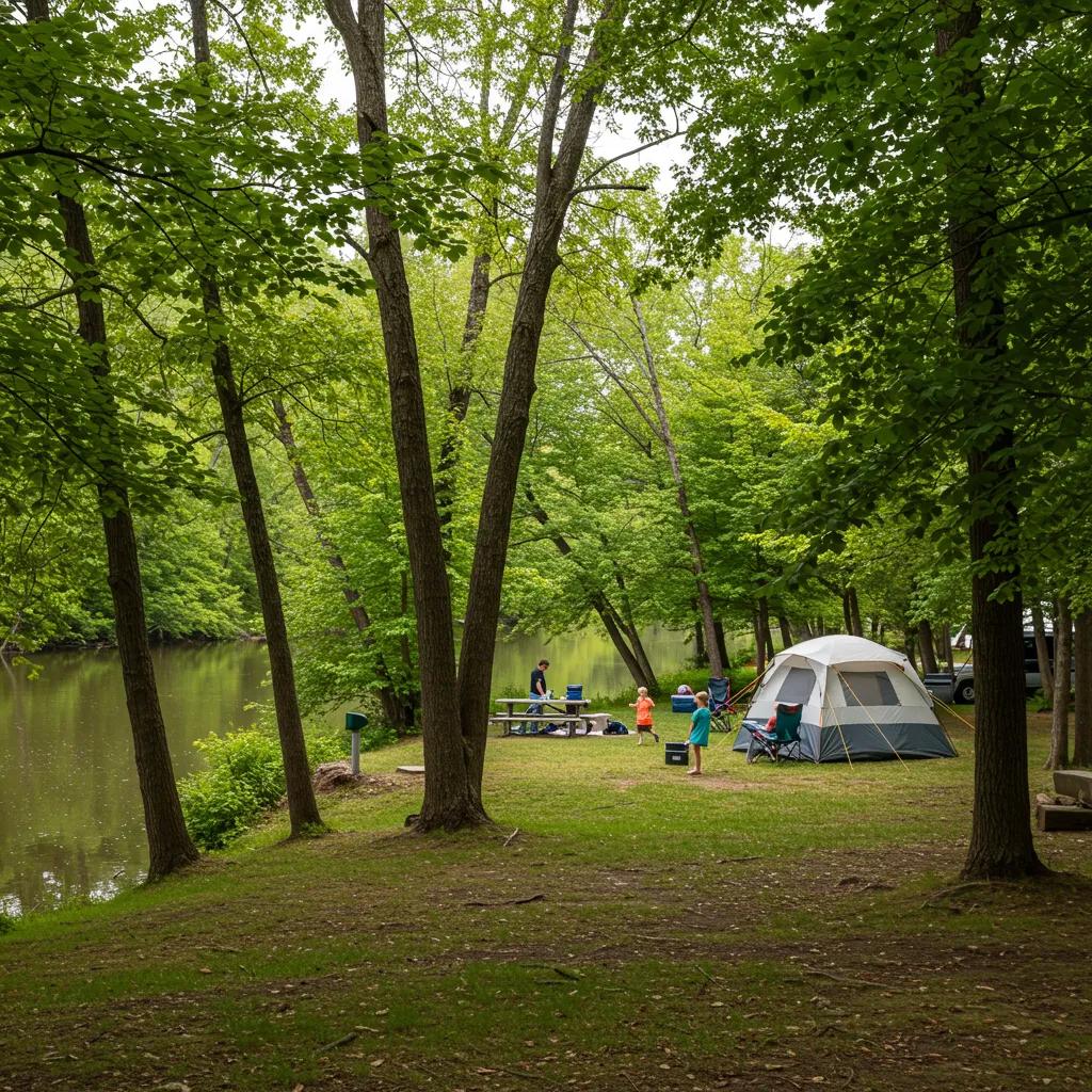 Secluded family campground in Michigan with tents, trees, and a river