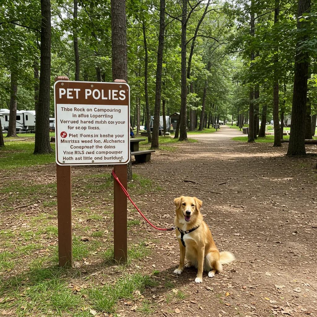 Sign displaying pet policies at a Michigan campground with a leashed dog