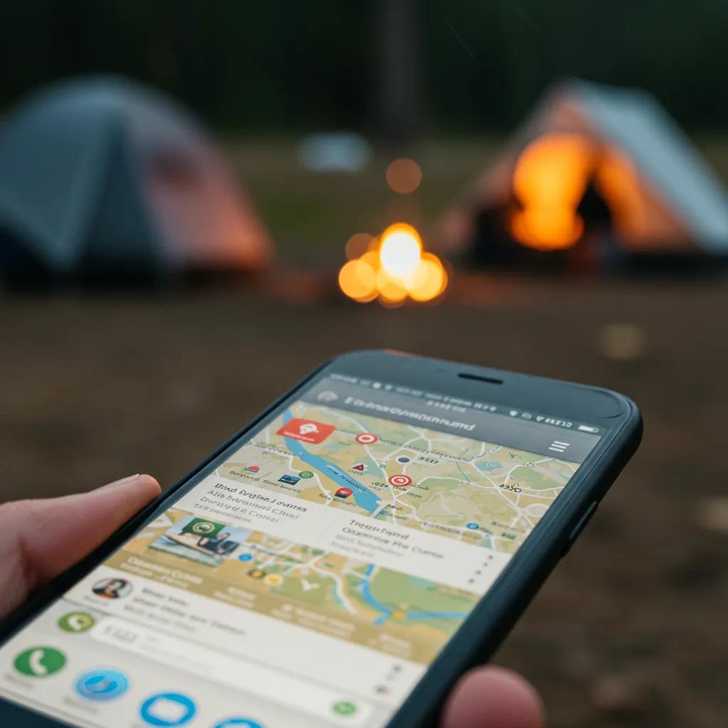 Smartphone displaying a camping app with campground listings and a blurred campsite background