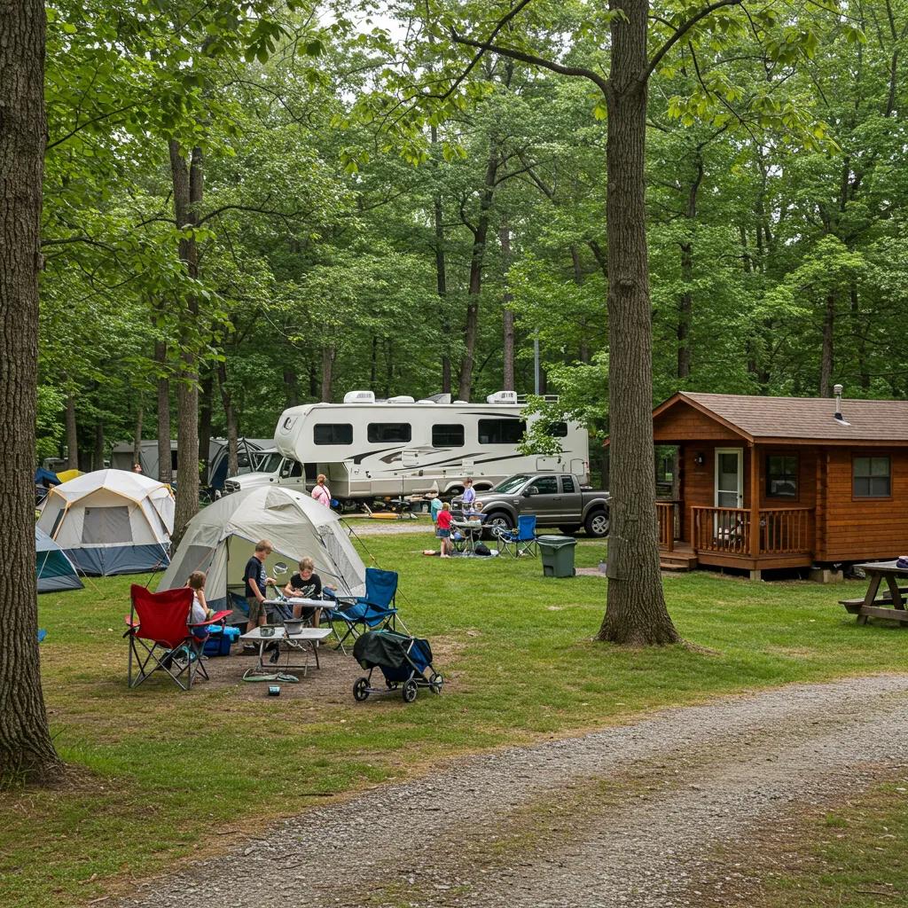 Various traditional camping options at Walnut Hills including tent, RV, and cabin