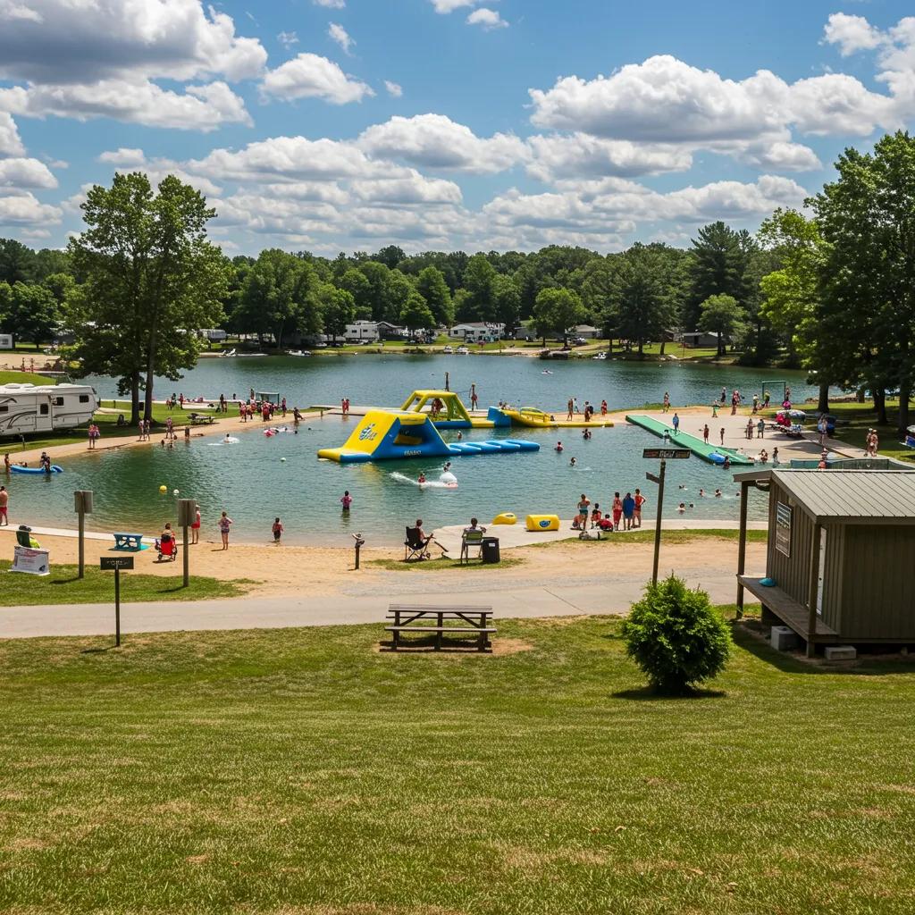 Walnut Hills Family Campground with amenities like a water park and sports courts, perfect for families