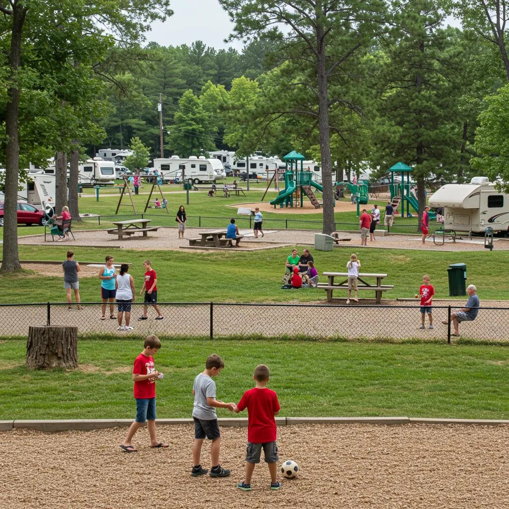 Walnut Hills Family Campground showcasing its playgrounds, a serene swimming lake, and families actively enjoying outdoor pursuits
