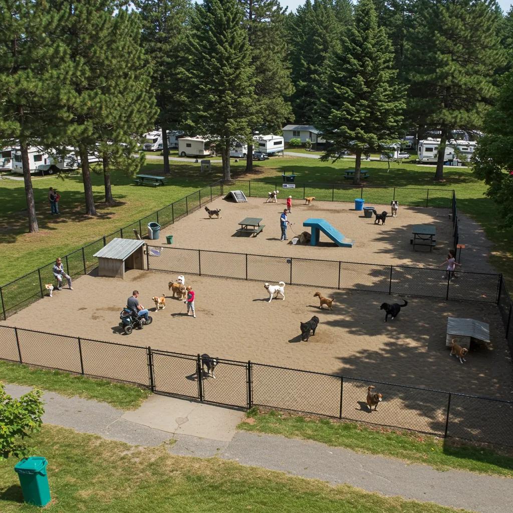 Walnut Hills Family Campground's dog park with dogs playing, illustrating pet-friendly amenities and family recreation