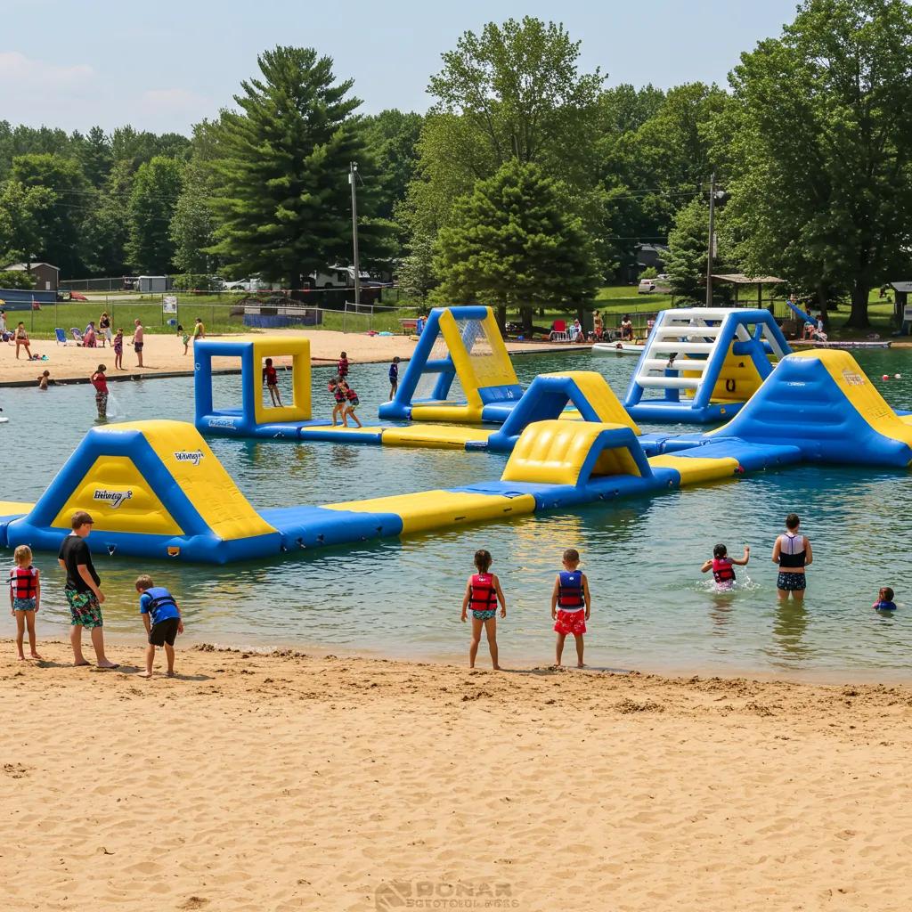 Water park amenities at Michigan campgrounds with families enjoying inflatable courses and sandy beaches