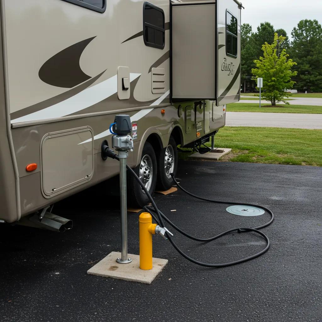 Well-equipped RV site with full hookups in a seasonal campground