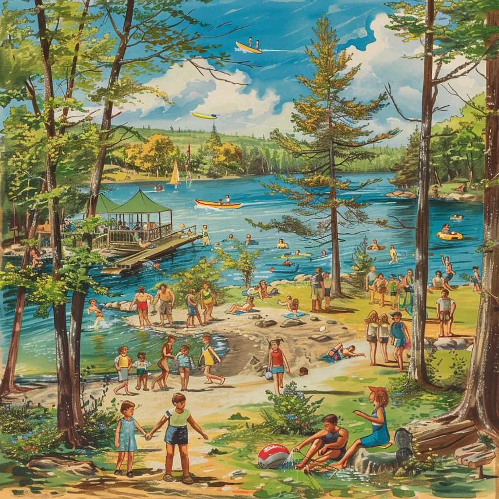 Families enjoying various outdoor activities at Camp Dearborn, including playground fun and boating