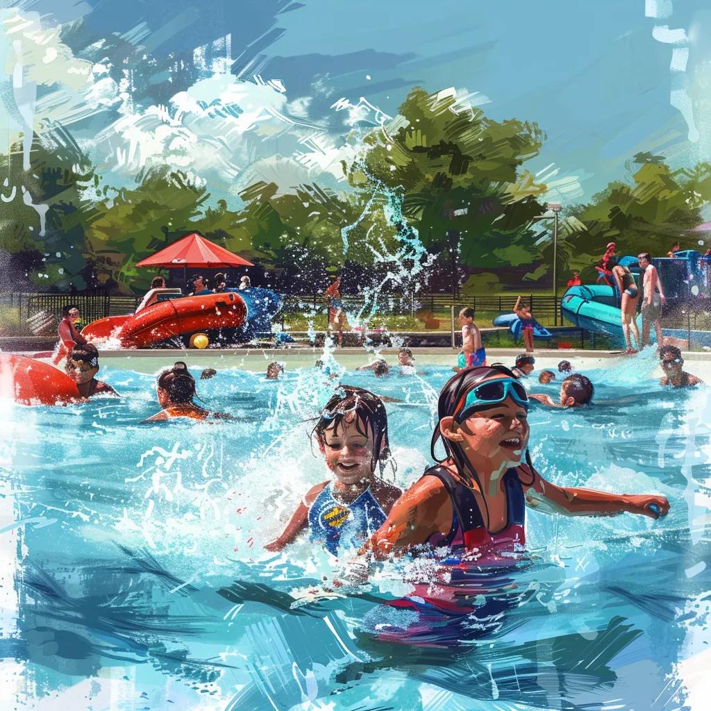 Children enjoying water-based activities at Camp Dearborn, including swimming and splash play