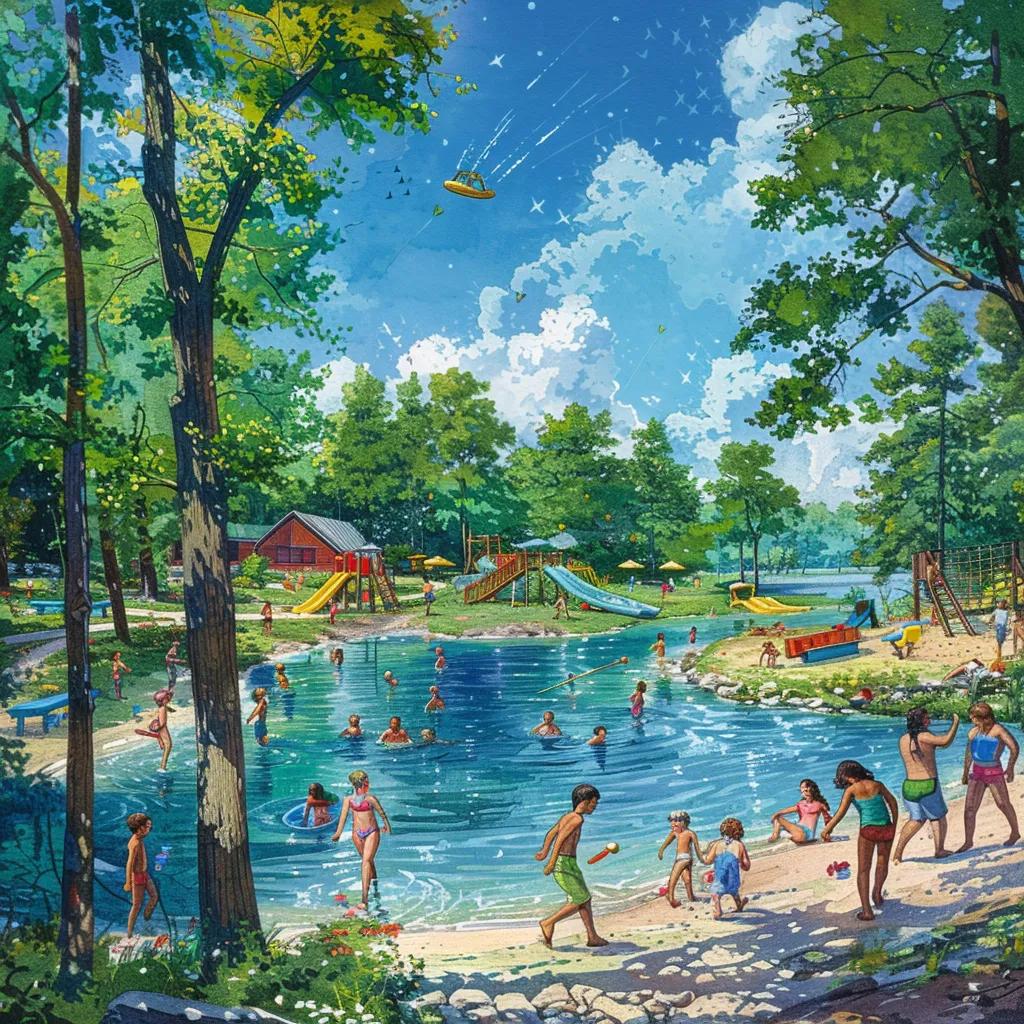 Families enjoying fun activities at Camp Dearborn, including swimming, playground play, and crafts