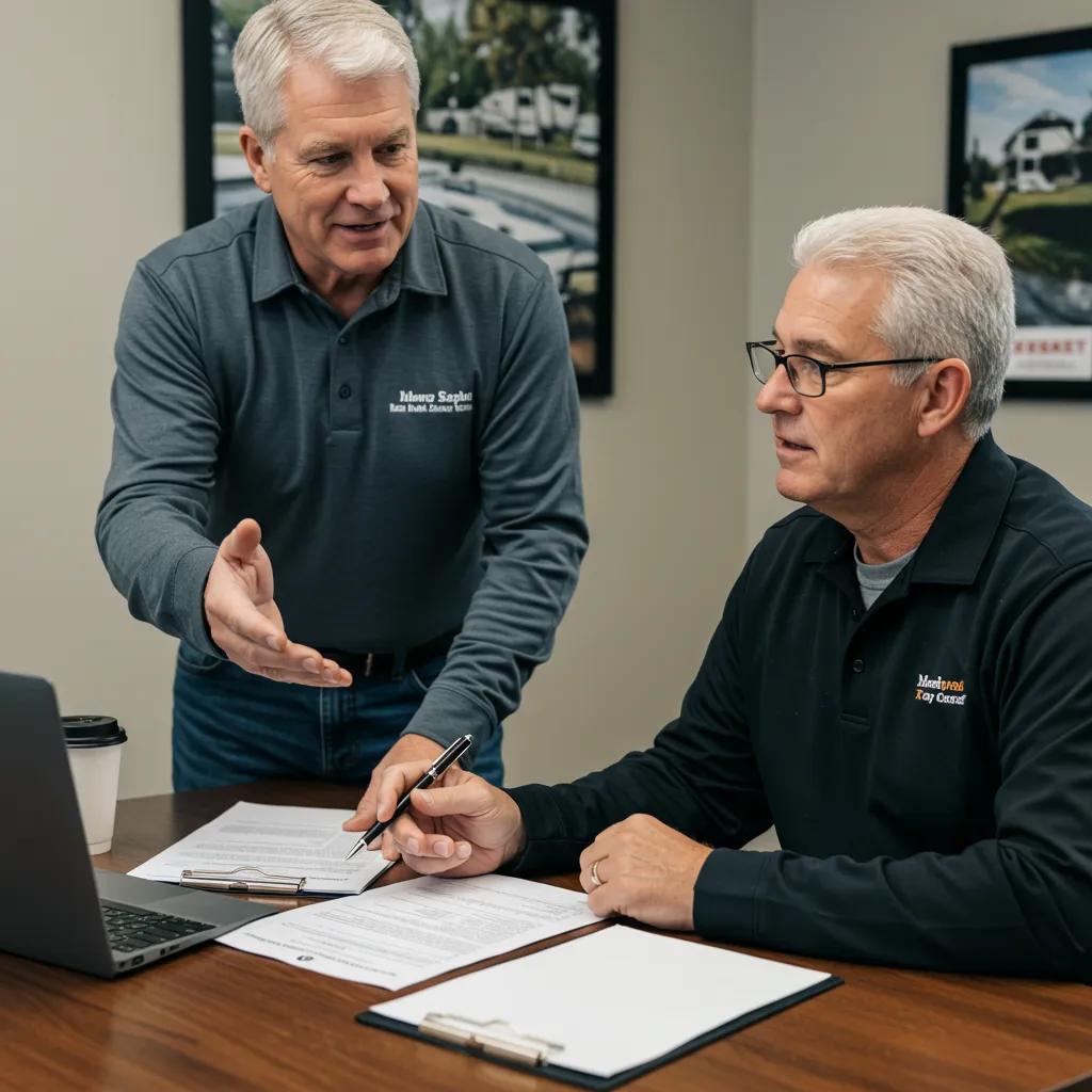 A campground broker consulting with a seller, highlighting the importance of expertise in RV park transactions