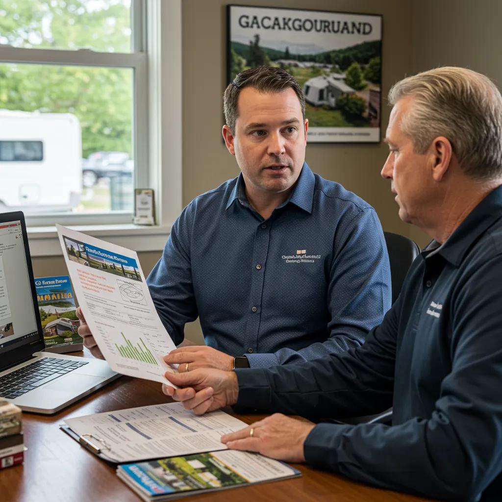 A campground broker consulting with a seller, showcasing the professional relationship and services offered in the campground sales process.