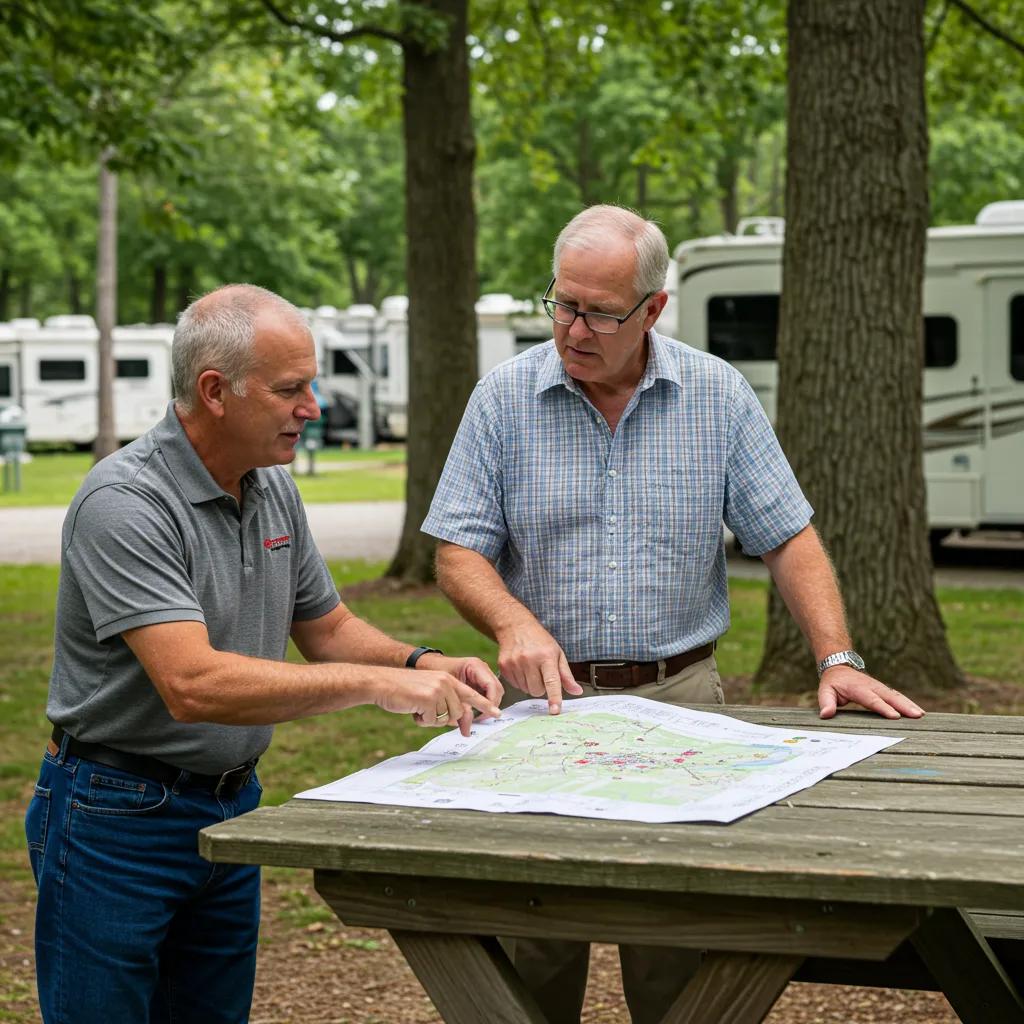 A campground broker consulting with an owner about property details in a serene outdoor setting