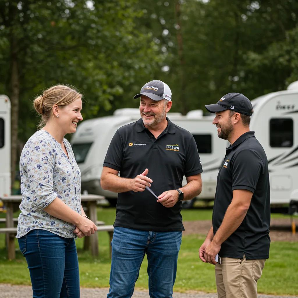 A campground owner discussing sale options with a direct buyer, illustrating the advantages of selling without a broker