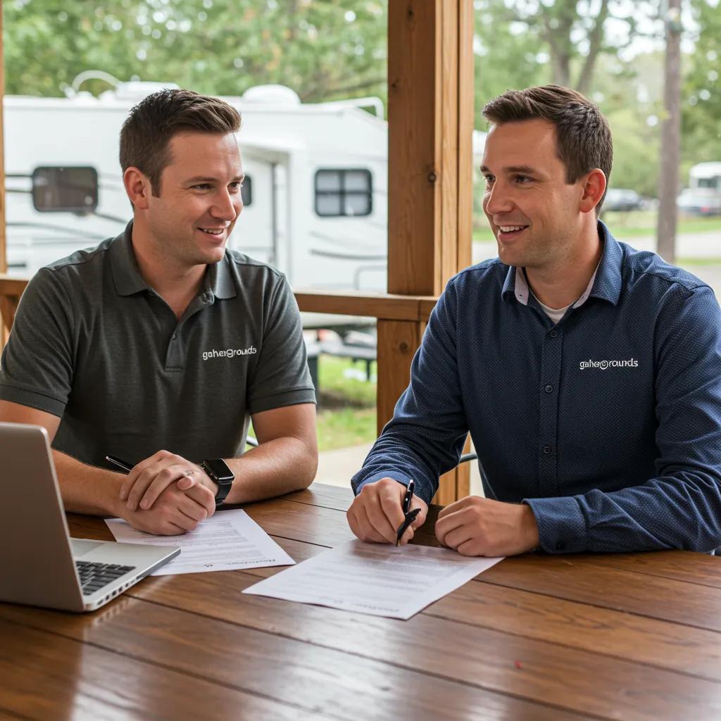 A campground owner in discussion with a GatherGrounds representative about the acquisition process, emphasizing trust and transparency.