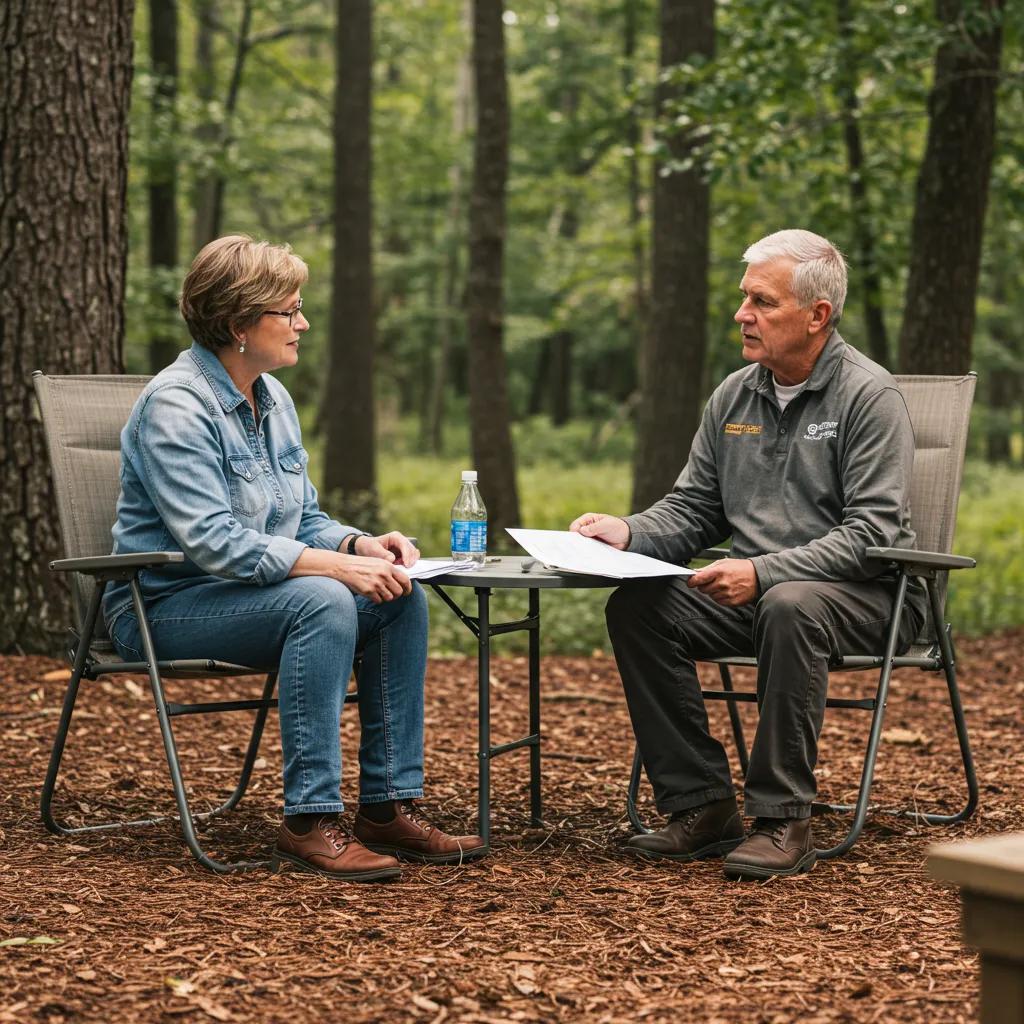 A campground owner discussing transition plans with a buyer, highlighting thoughtful communication and community values
