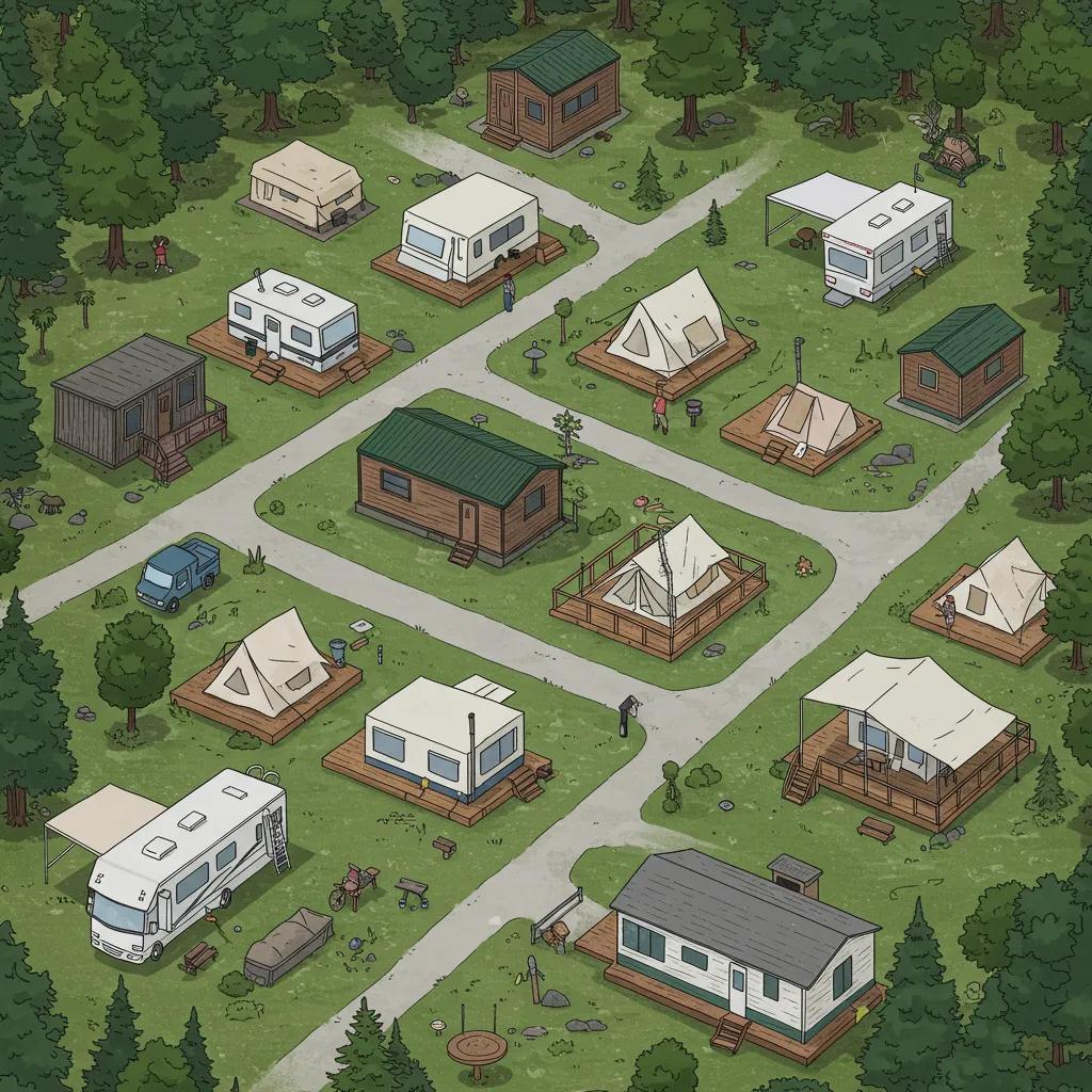 A diverse campground featuring RVs, cabins, and glamping tents, illustrating key valuation factors and amenities