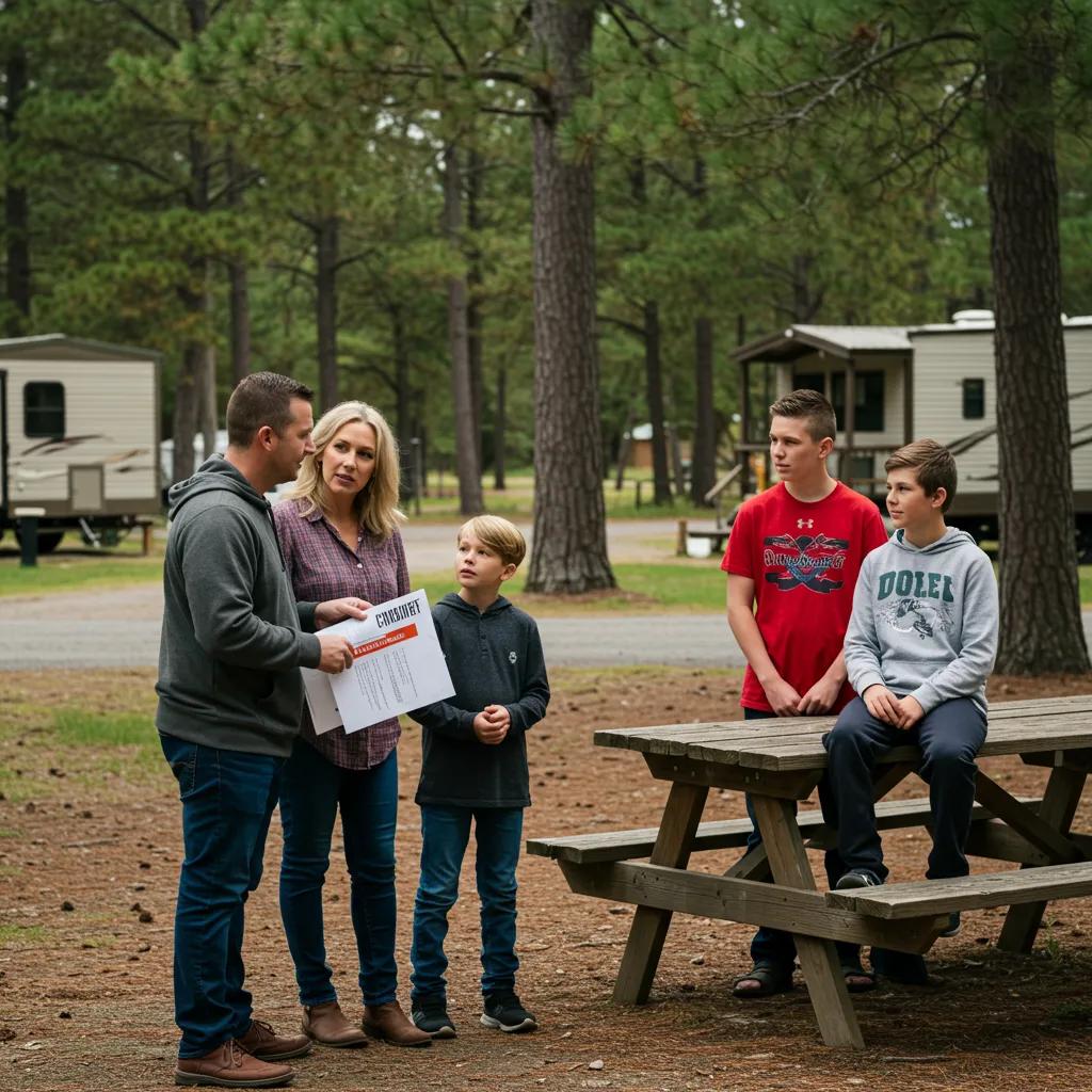 A family engaged in conversation outdoors about a campground sale, emphasizing trust and continuity in direct transactions
