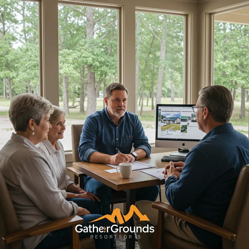 A family discussing the direct sale of their RV resort with a GatherGrounds representative, emphasizing a personal connection.