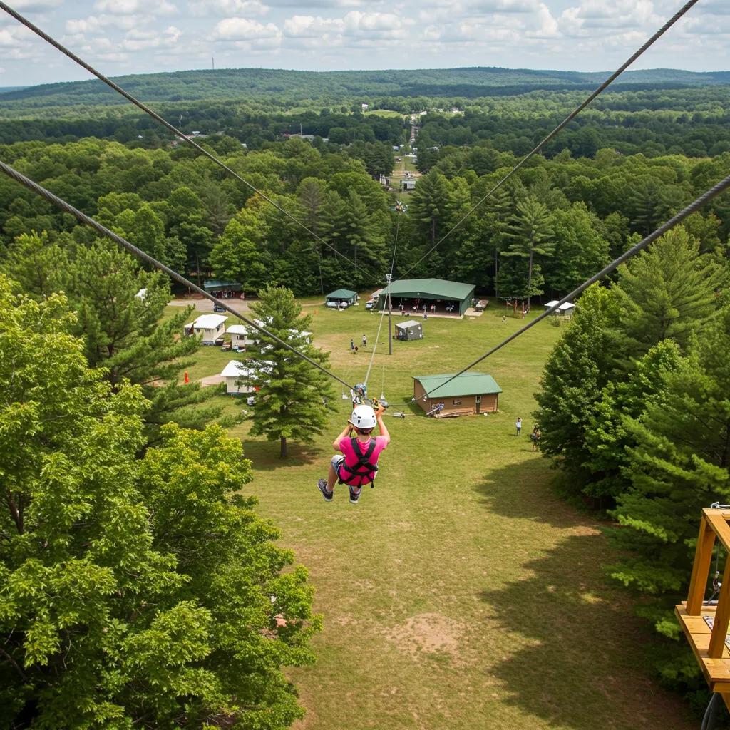 A family member enjoying the zip line adventure at Camp Dearborn, showcasing excitement and safety