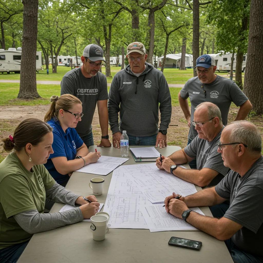 A family-owned campground management team collaborating on plans for their resort