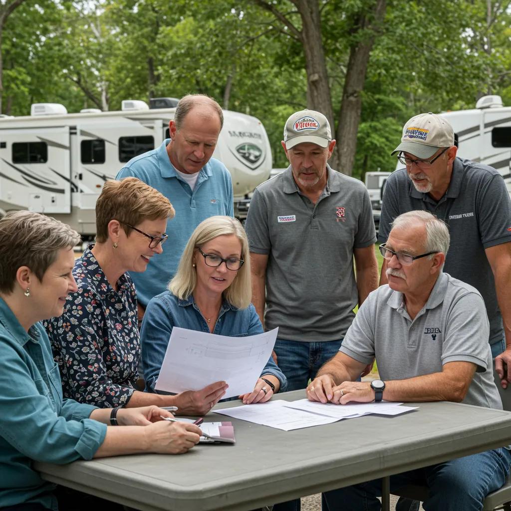 A dedicated team from GatherGrounds Resorts collaborating on operational strategies for a campground