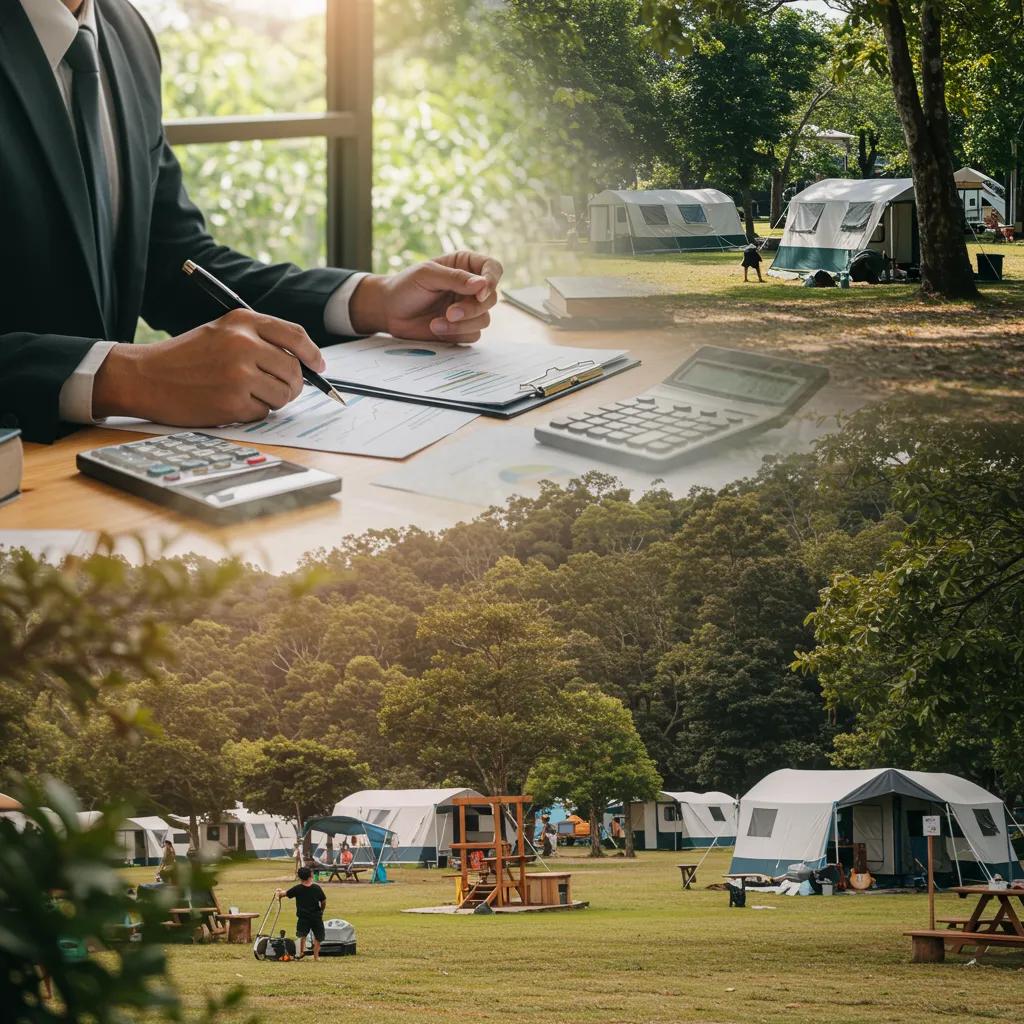 A financial analyst reviewing campground valuation methods alongside a picturesque campground, illustrating the importance of pricing strategies