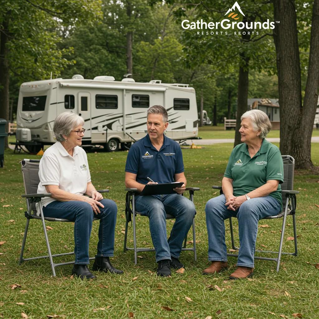 A GatherGrounds Resorts representative engaging with a campground owner, illustrating the benefits of direct sales