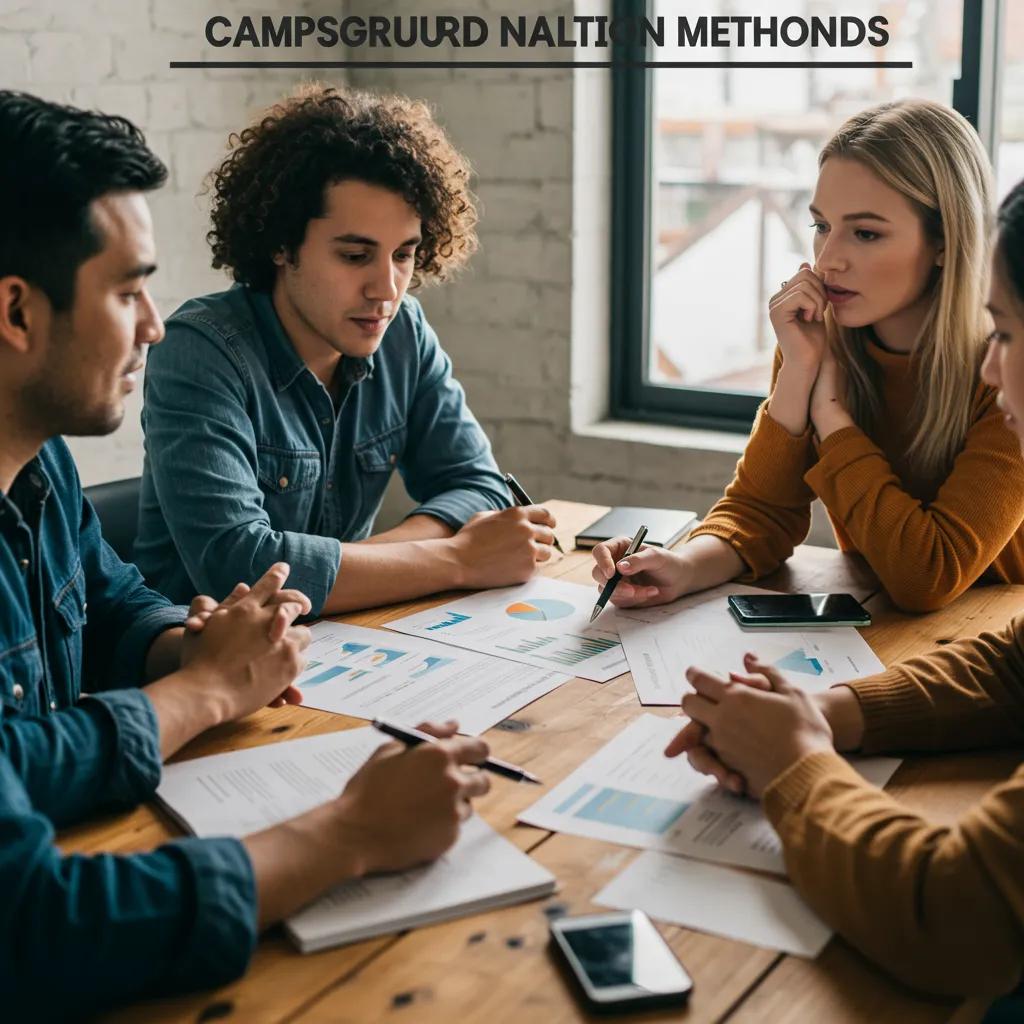 A group of professionals discussing campground valuation methods in a meeting room, highlighting collaboration and strategic planning.