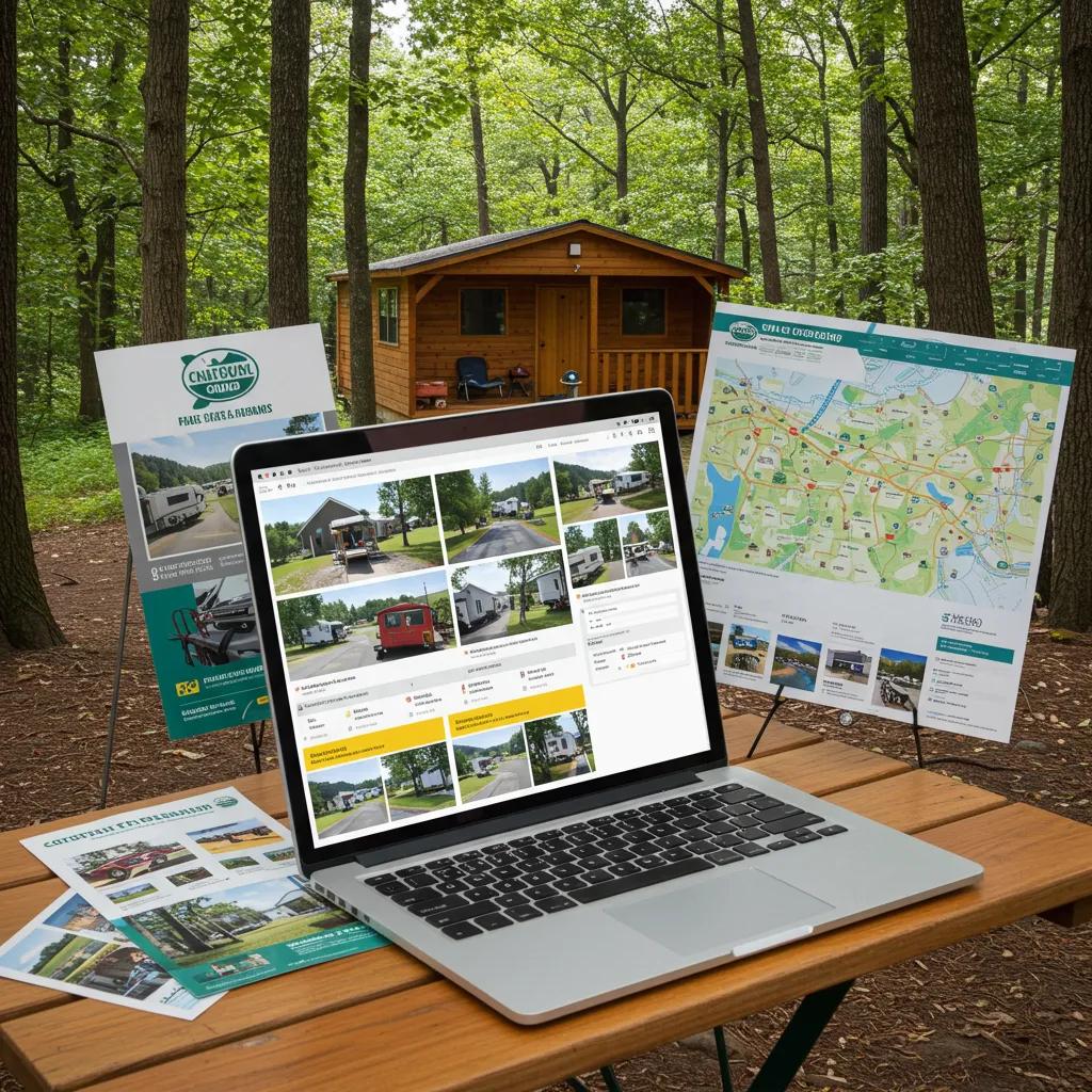 A laptop displaying a campground listing with marketing materials in a natural setting