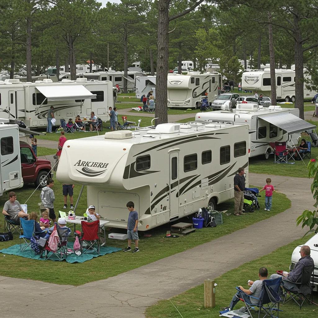 A lively RV park filled with families and visitors enjoying various activities, illustrating market demand impact