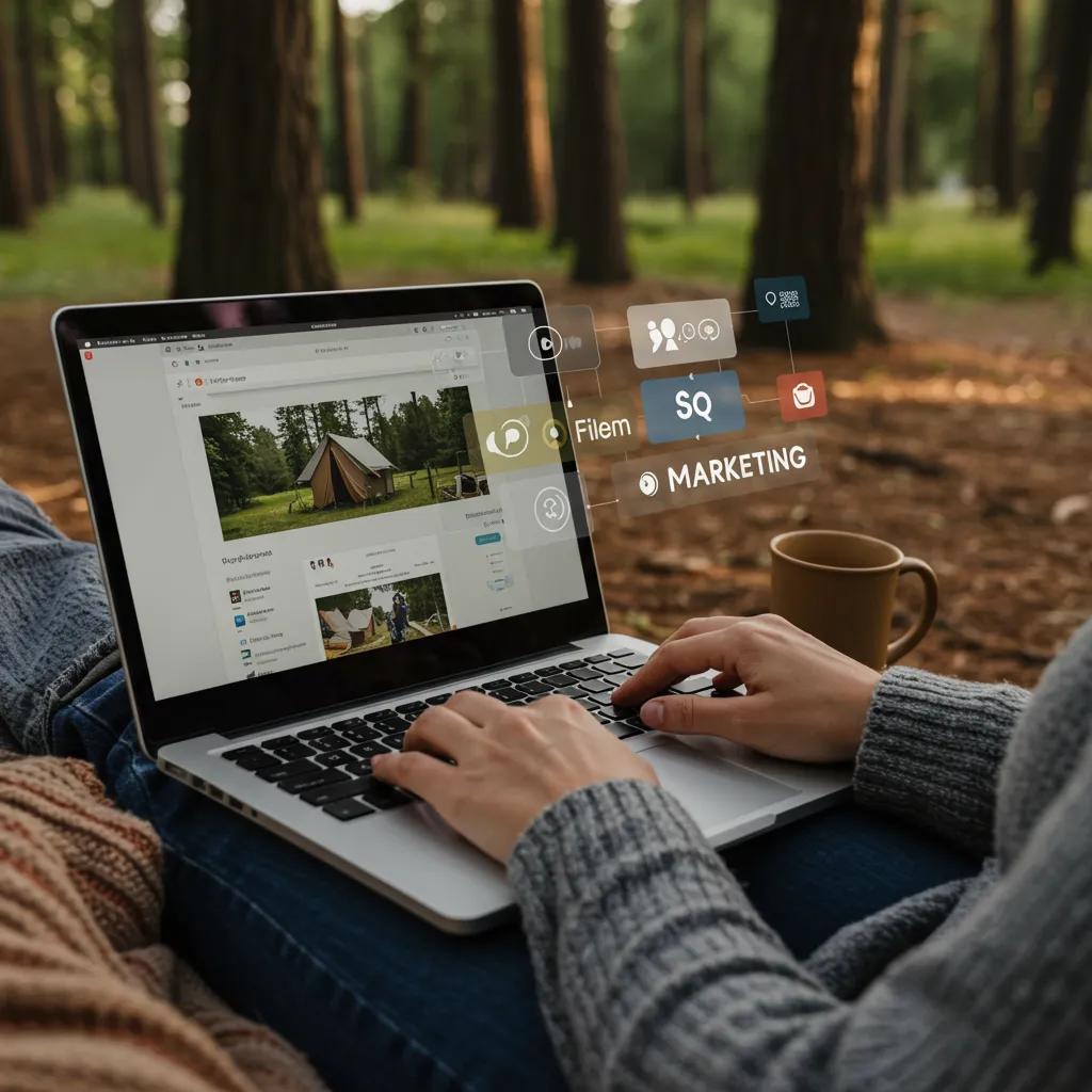A person using a laptop outdoors, illustrating digital marketing strategies for RV parks