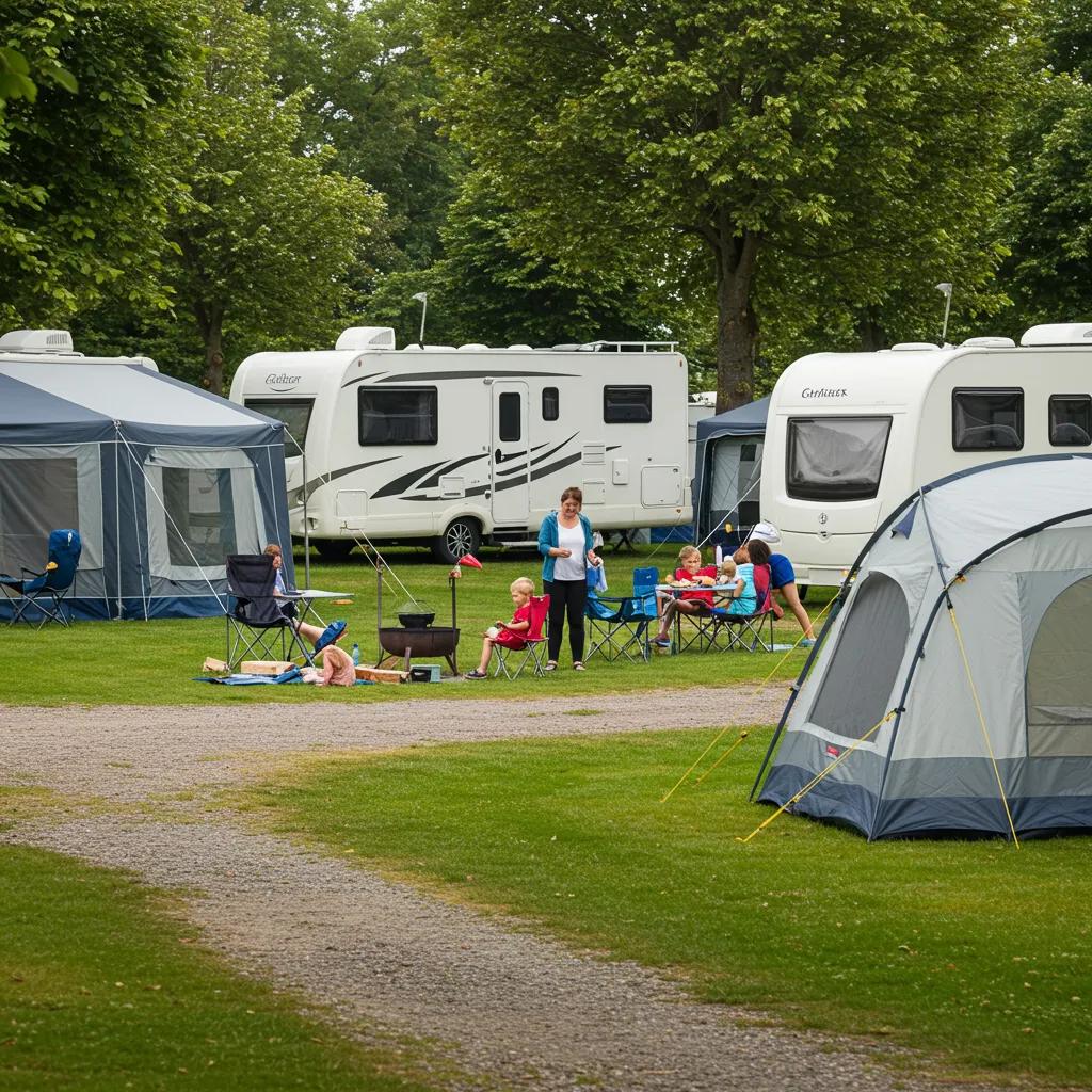A picturesque campground scene with RVs and families enjoying outdoor activities