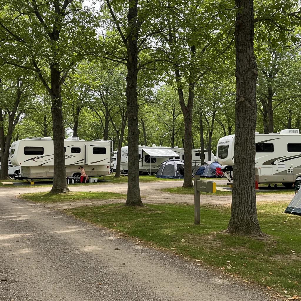 A picturesque campground scene with RVs and tents, highlighting the beauty and community of outdoor recreation