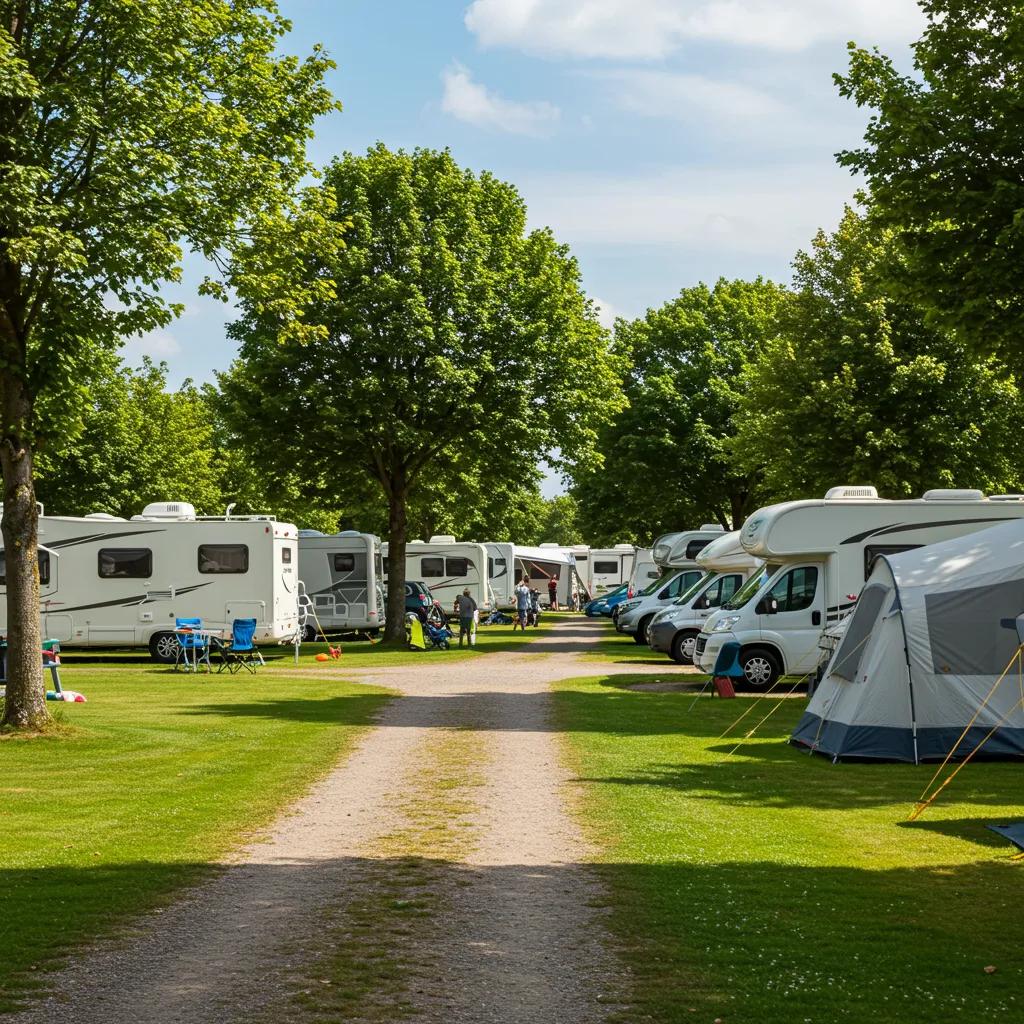 A picturesque campground scene with RVs and tents surrounded by greenery, representing the essence of outdoor leisure and family enjoyment.