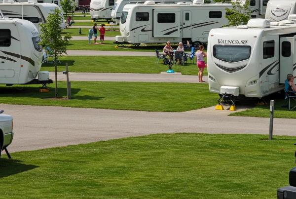 A picturesque RV park with well-maintained sites and families enjoying outdoor activities