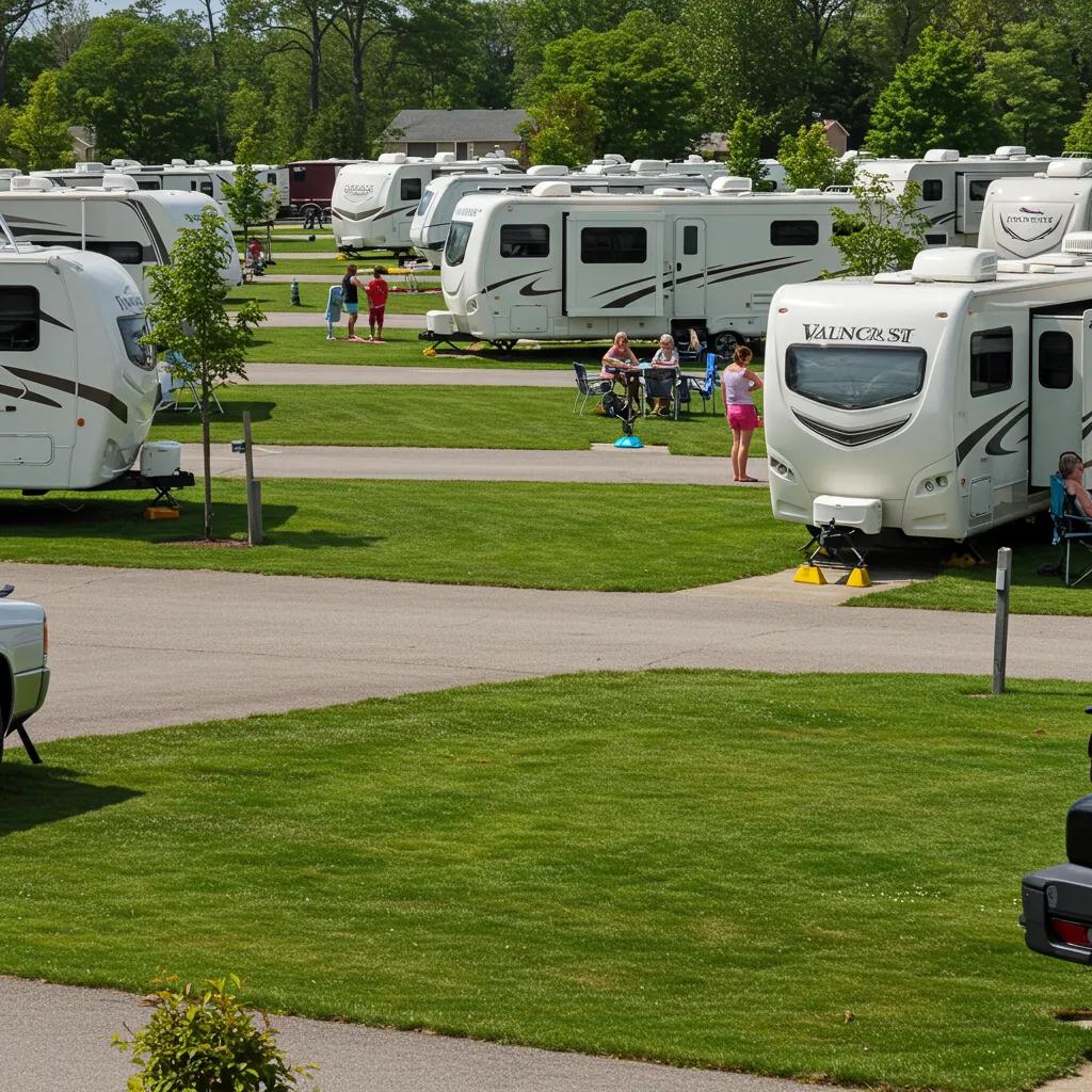 A picturesque RV park with well-maintained sites and families enjoying outdoor activities