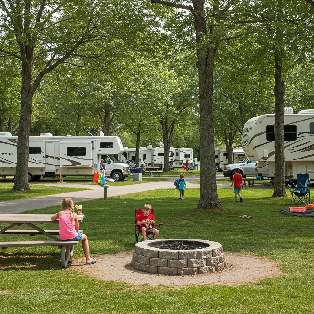 A picturesque RV resort with families enjoying outdoor activities, showcasing the essence of campground life