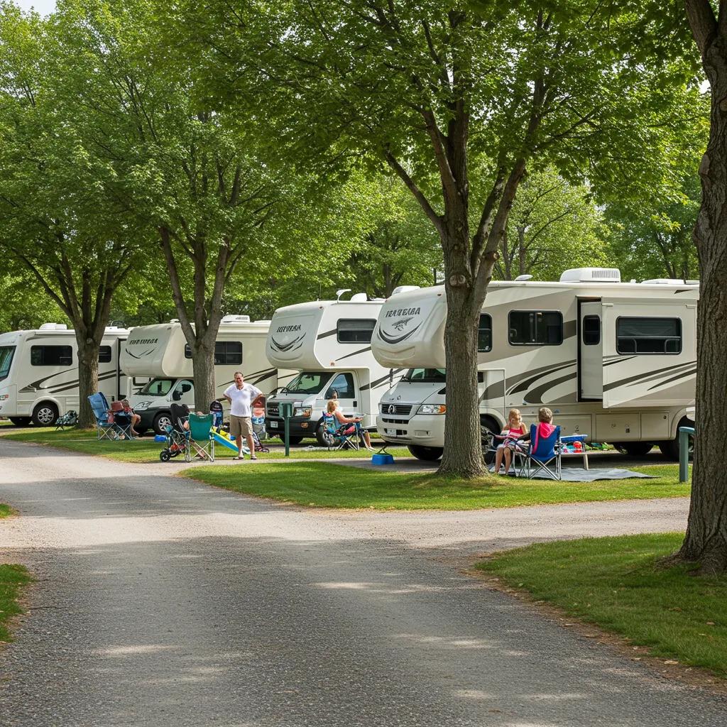 A picturesque RV resort with well-maintained sites and families enjoying outdoor activities
