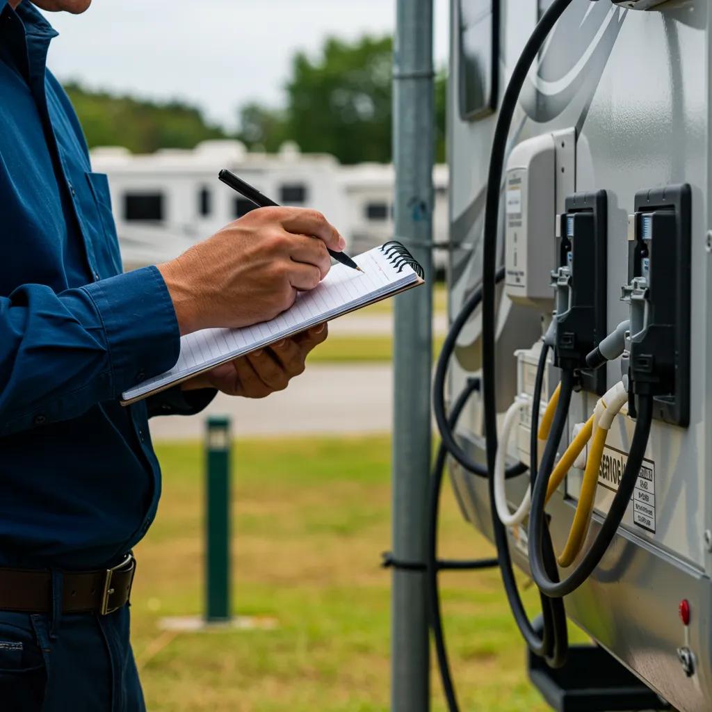A property inspector assessing an RV resort's infrastructure, highlighting the importance of property condition before selling