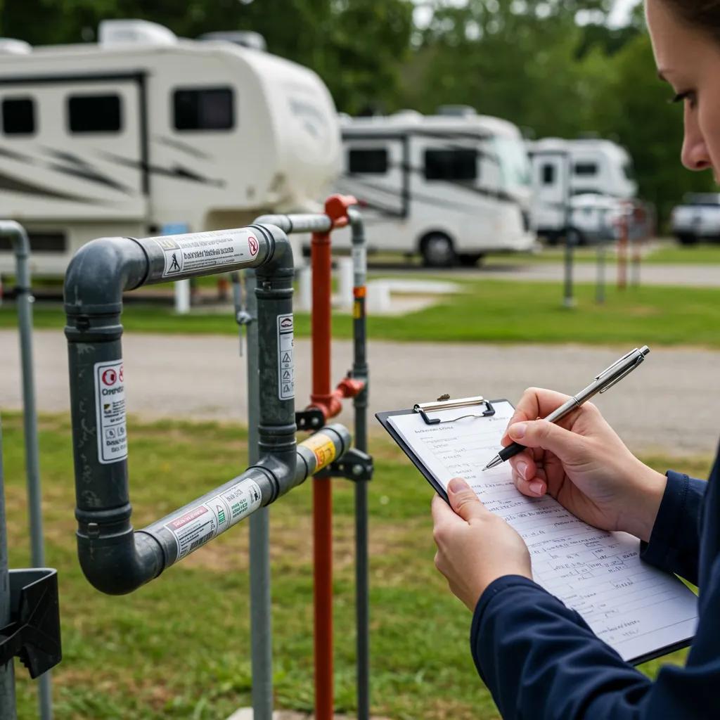 A property inspector evaluating an RV park's infrastructure and amenities during assessment